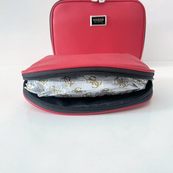 NEW GUESS Red Pebbled Faux Leather Travel Case & Makeup Bag Set - Picture 10 of 16